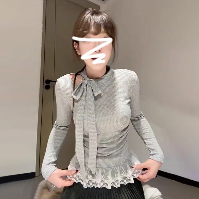2*2螺紋德絨 原版做法 芭蕾風蕾絲拼接長袖打底衫女