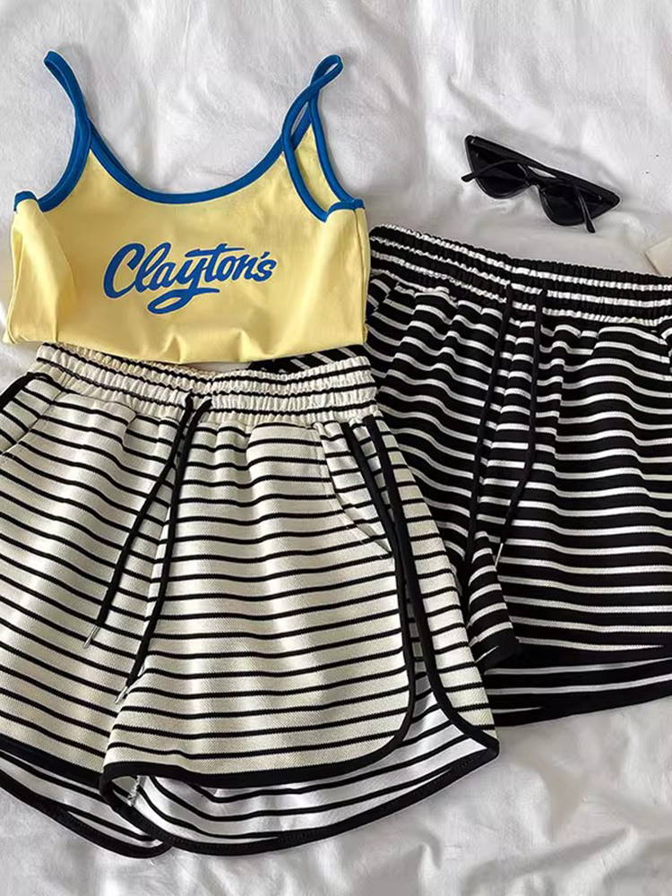 Striped high-waist shorts 2025 summer new women's loose casual sports slimming elastic waist wide-leg pants trendy