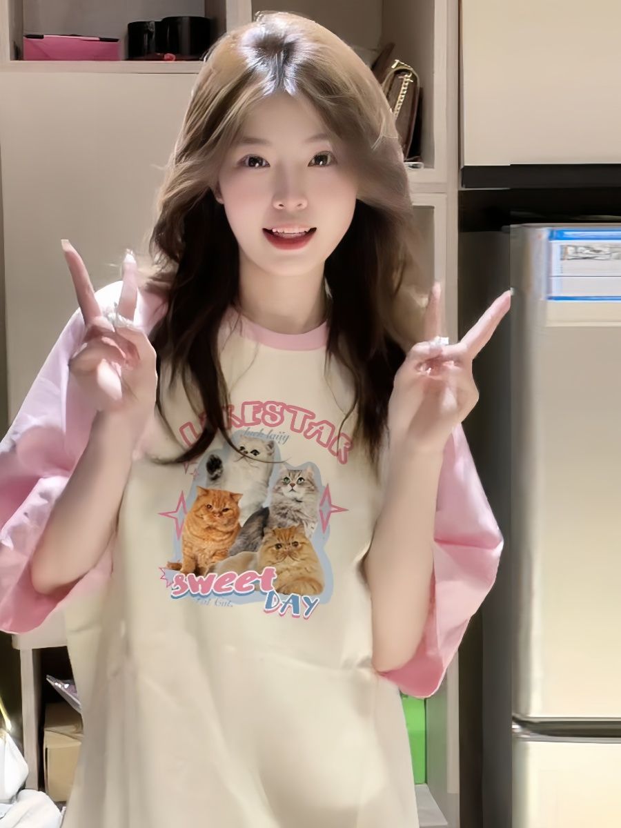 高質量純棉210克精梳緊密印花插色牛角袖寬鬆拼色短袖恤女