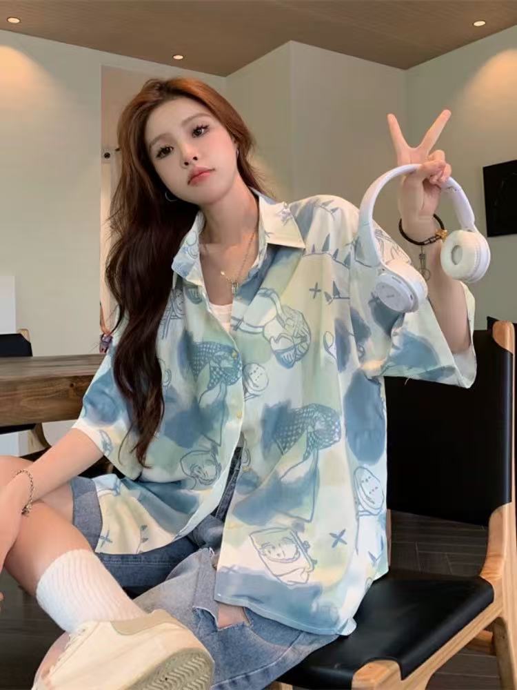 港風碎花短袖襯衣女夏季設計感小眾薄款POLO領襯衫別致法式上衣潮
