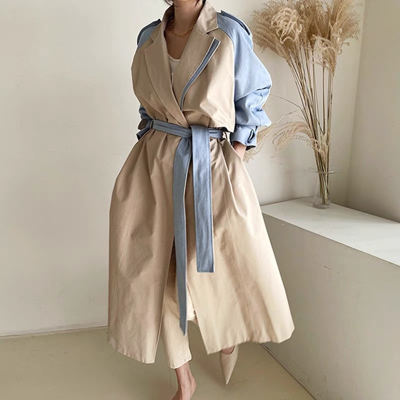 Korean chic autumn French retro stand-up collar design splicing color matching belt waist cinched long coat women's 