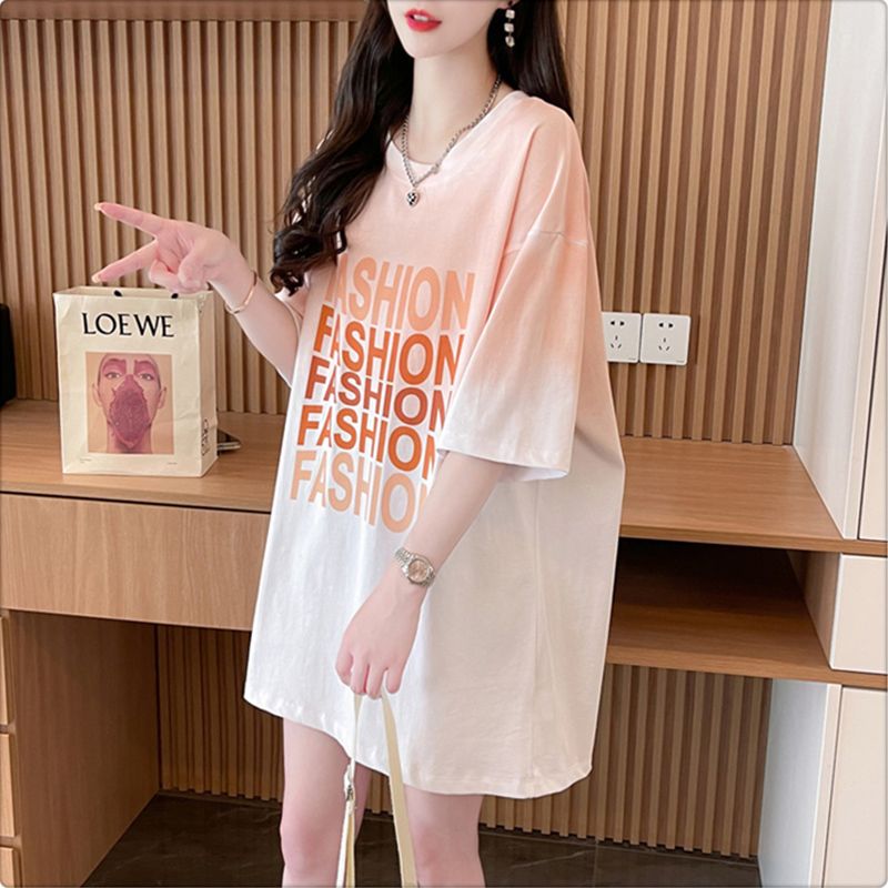 Official picture pure cotton 2025 short-sleeved T-shirt for women in summer loose medium-length gradient color Korean version t-shirt