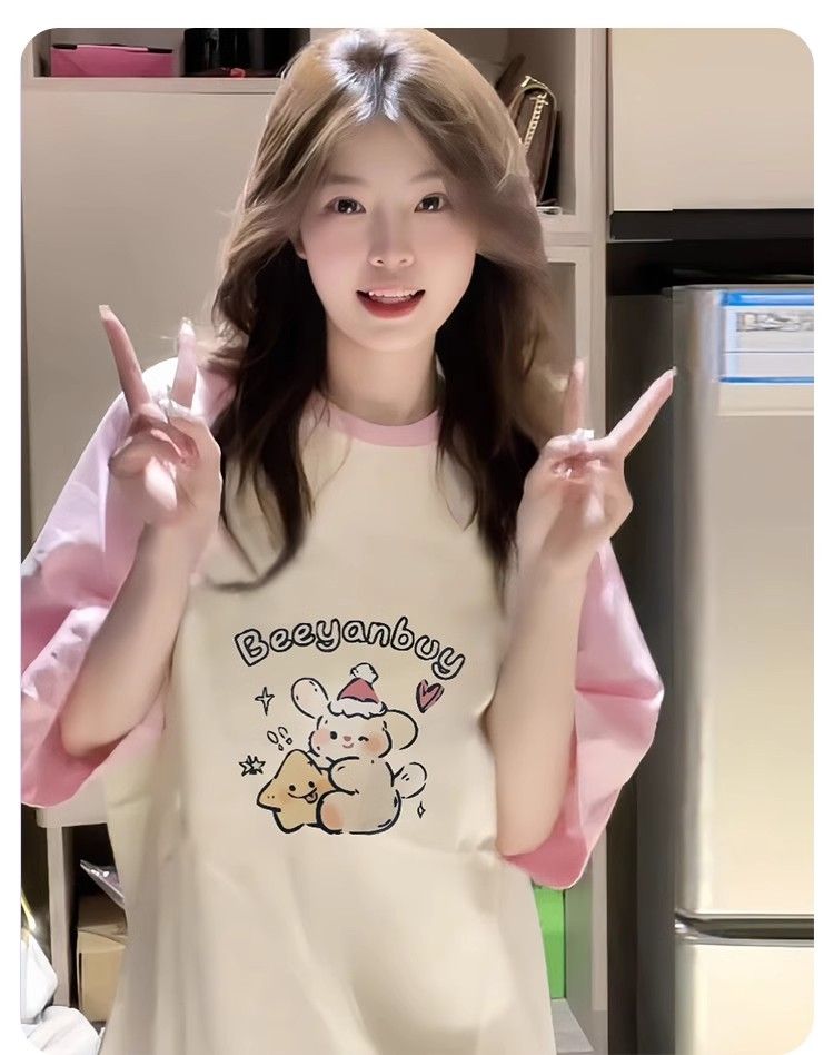 高質量純棉210克精梳緊密印花插色牛角袖寬鬆拼色短袖恤女