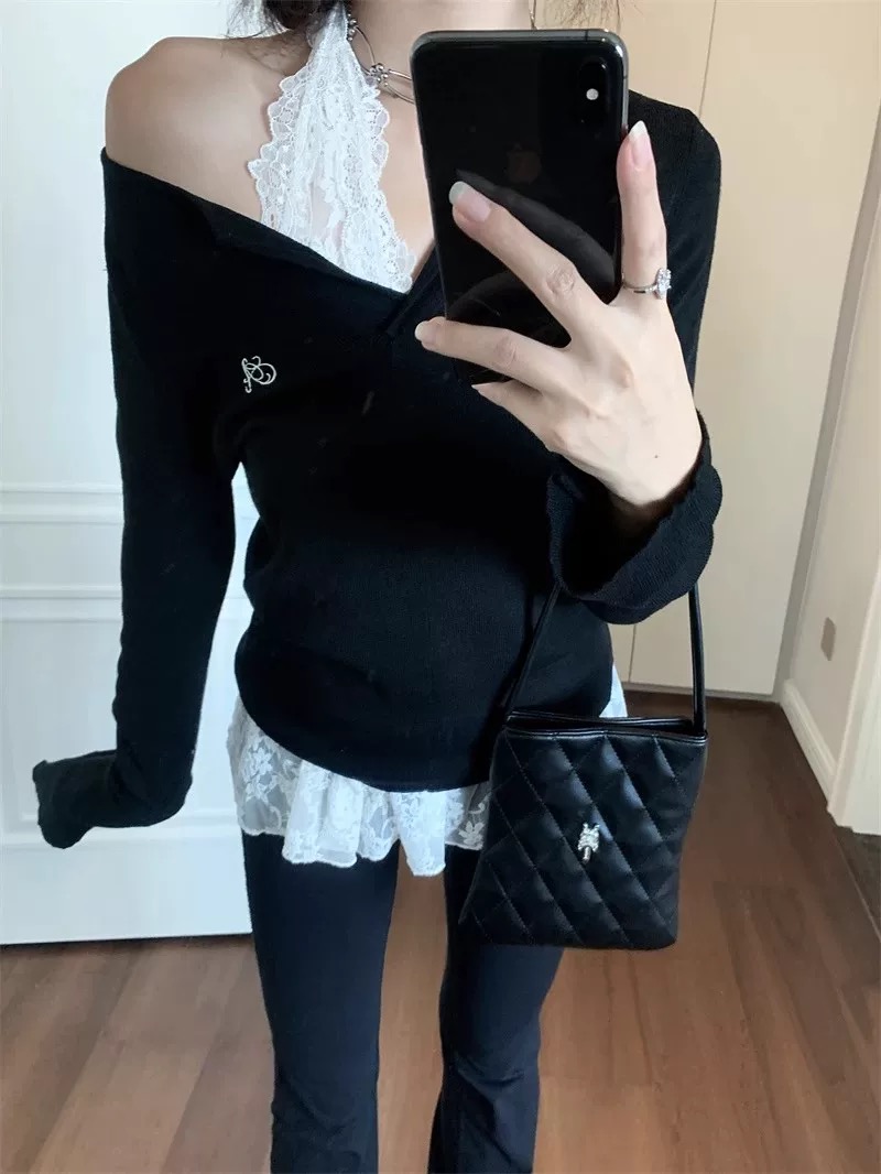 長袖針織衫女早秋疊穿設計感黑色上衣