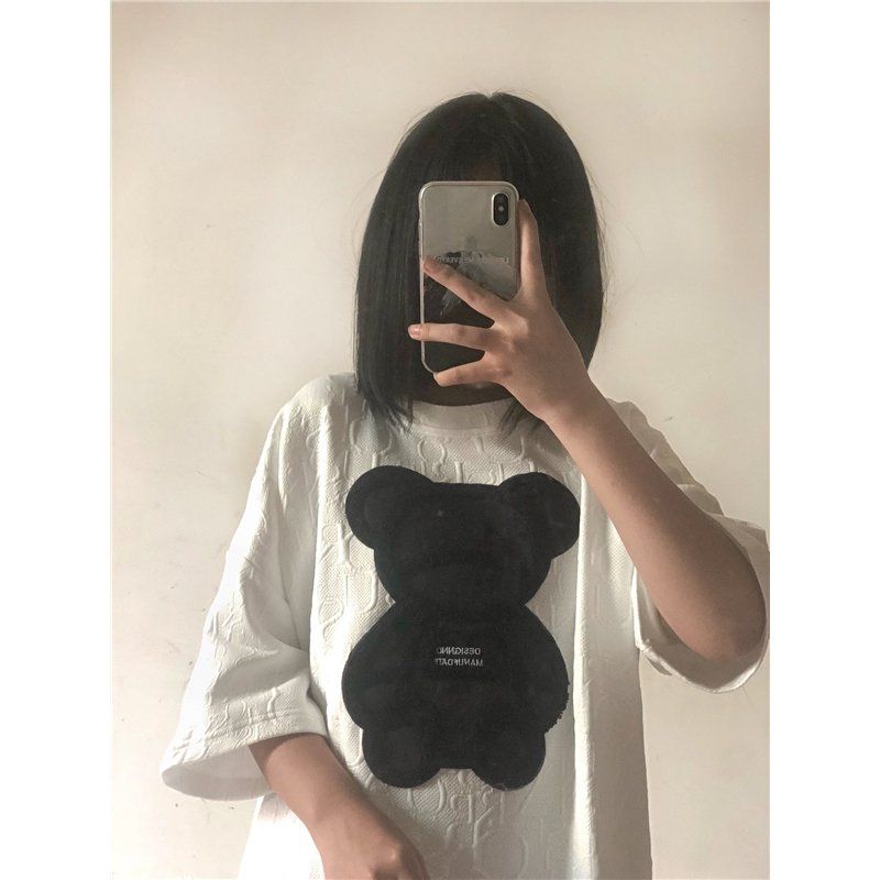 韓版ins潮小熊T恤圓領t恤寬鬆中長款上衣女裝夏季短袖內搭打底衫