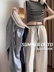 原版高質量  白色撞色冰絲闊腿褲女夏季薄款肌理感直筒休閒褲