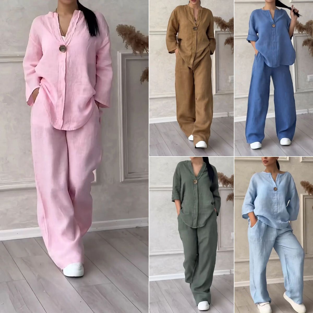 Amazon's new cross-border European and American style fashionable and elegant two-piece suit women's shirt suit high waist loose trousers wholesale