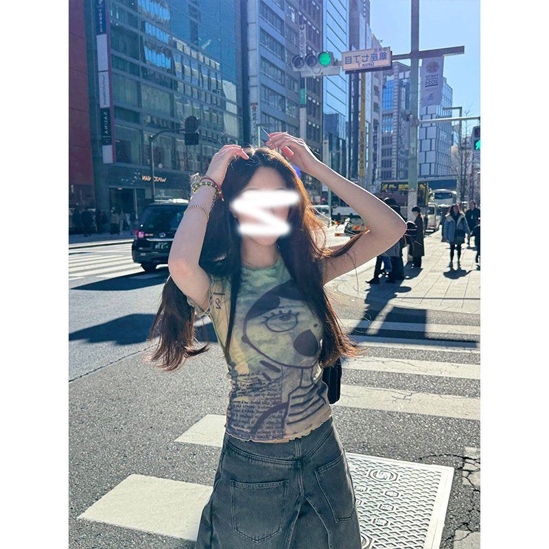 原版布料小眾辣妹印花網紗短袖T恤女夏季修身上衣女潮