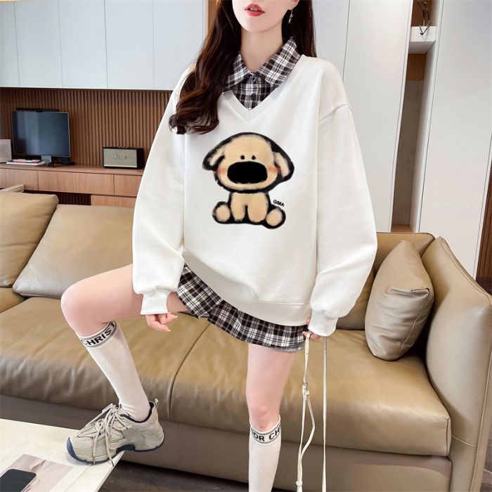 Real shot of 2025 spring and autumn back collar twill, thin top POLO collar plaid sweatshirt for women