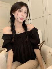 一字肩荷葉邊襯衫女夏季新款短款氣質襯衣短袖顯瘦上衣