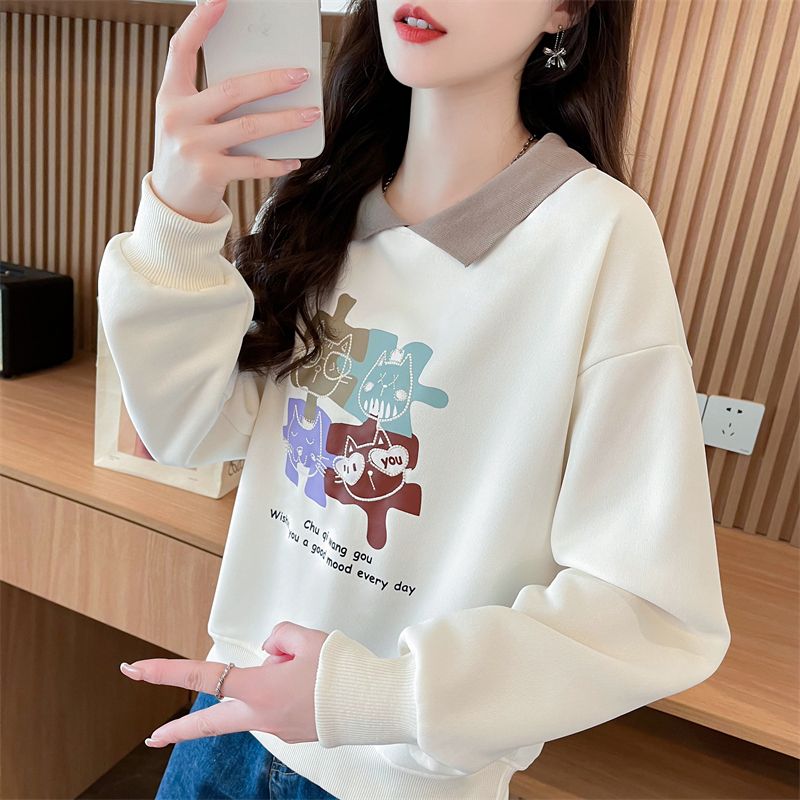 Real photo imitation cotton Chinese cotton composite 2025 spring and autumn sweatshirt women's new POLO design small loose top