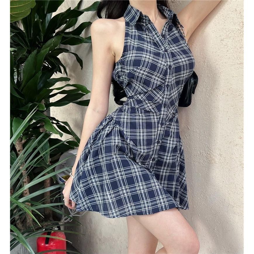 甜辣復古格紋無袖連衣裙女夏季新款收腰顯瘦性感純欲風背心襯衫裙