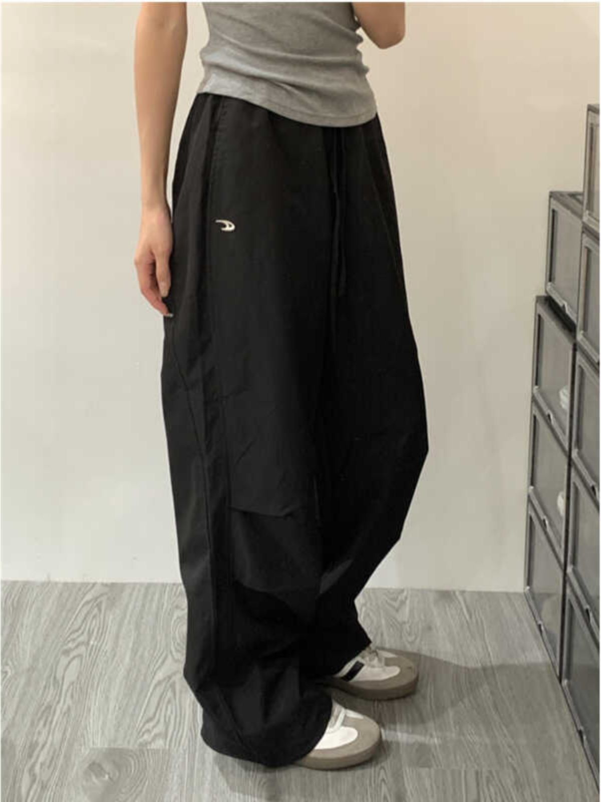 美式復古藏青色高腰工裝休閒運動褲女春秋寬鬆設計感拖地闊腿長褲