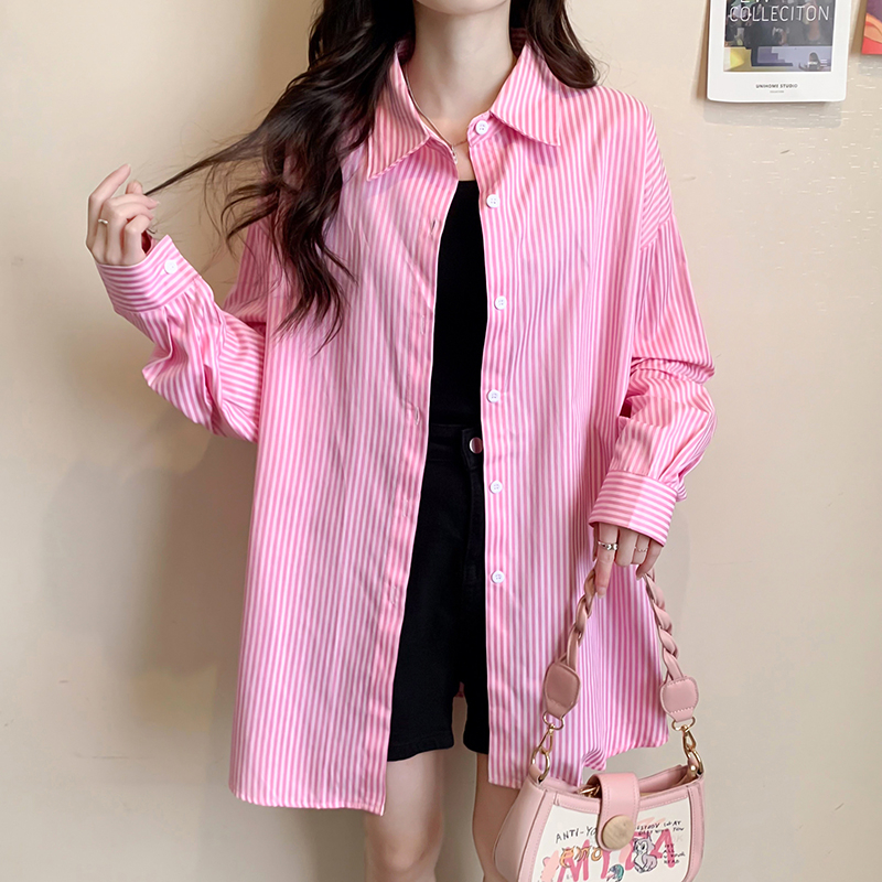 Real photos for women's loose pink stripes 2025 POLO collar long sleeve shirt