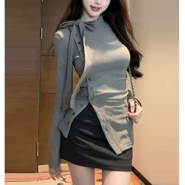 法式系帶中領打底衫女秋冬加厚德絨長袖T恤