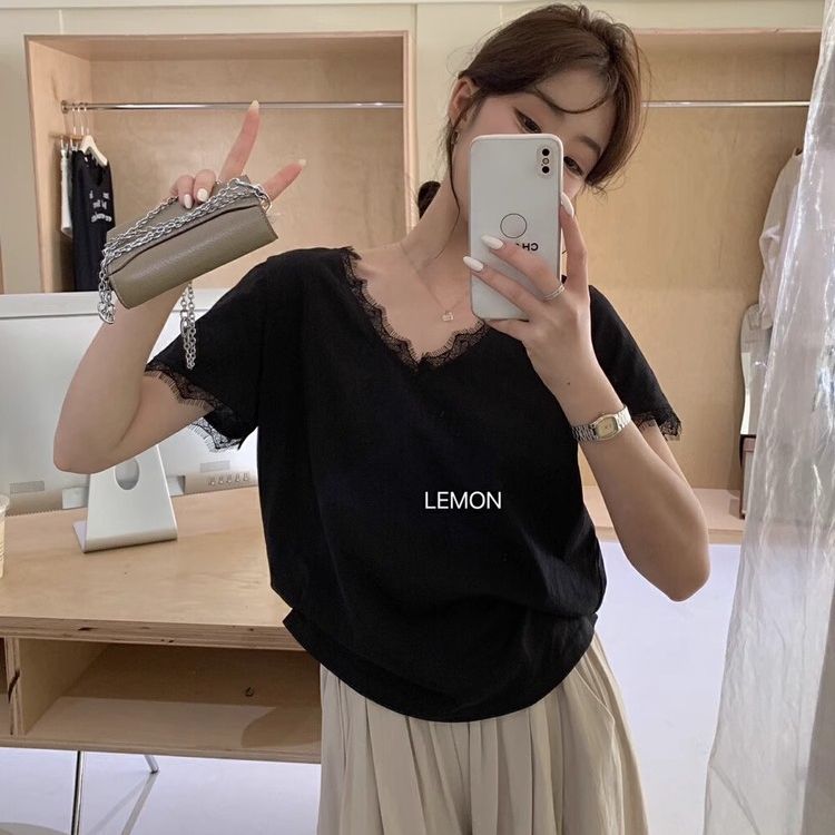 法式氣質蕾絲花邊v領正肩短袖t恤女夏季新款設計感小個子寬鬆上衣