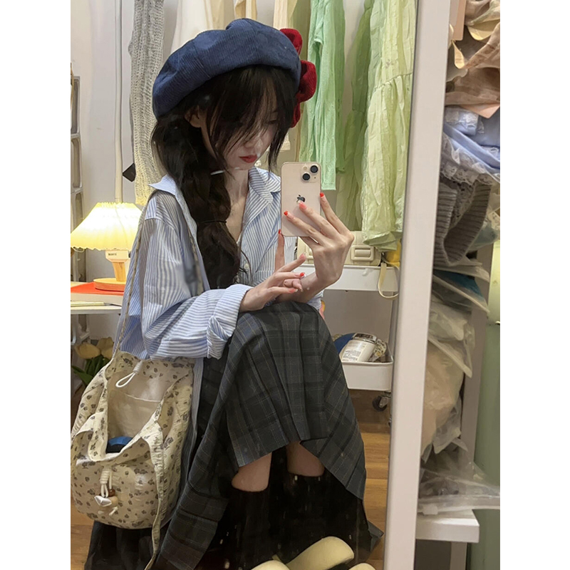 藍色條紋長袖襯衫女春秋2025新款薄款法式高級感上衣百搭襯衣外套