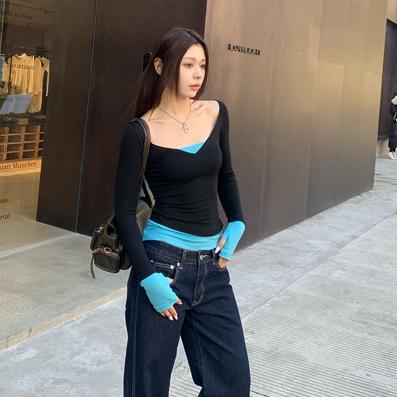 人棉270克 假兩件長袖t恤女修身顯瘦撞色拼接百搭長袖內搭上衣
