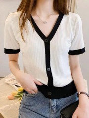 夏裝新款冰絲設計感短袖t恤女修身顯瘦薄款V領針織衫上衣小香風潮