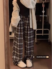 原版梭織格 慵懶風復古格子休閒褲女秋季闊腿褲寬鬆拖地褲子