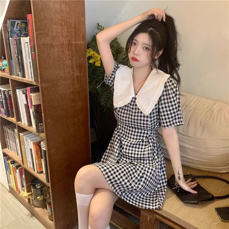 Doll collar plaid splicing short skirt for women in summer new French short-sleeved one-step skirt cute Japanese short skirt