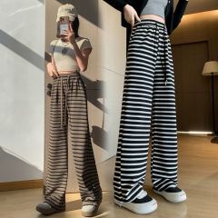 條紋休閒闊腿褲女2025夏季高腰寬鬆時尚韓版潮流顯瘦直筒拖地長褲