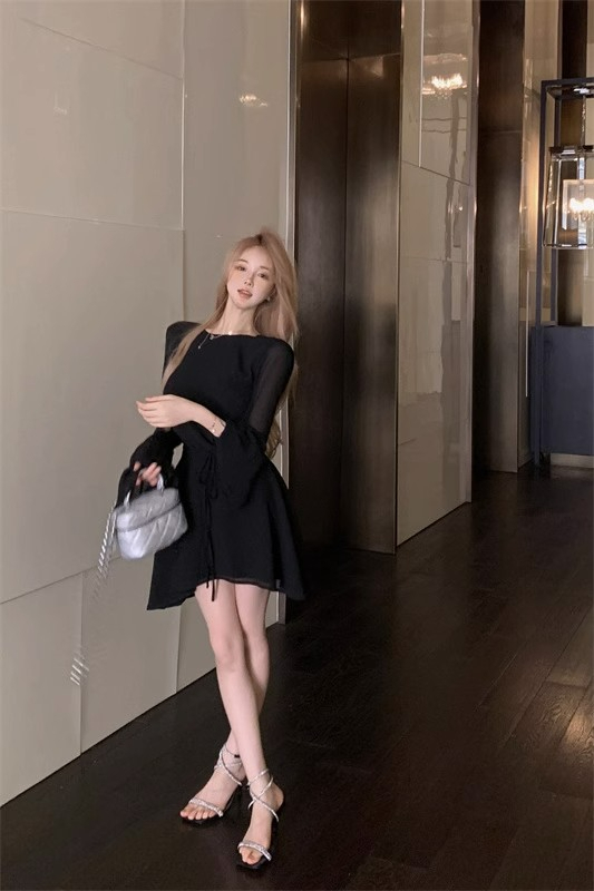 Women's 2025 summer new French niche scheming long-sleeved temperament slim and slim black skirt