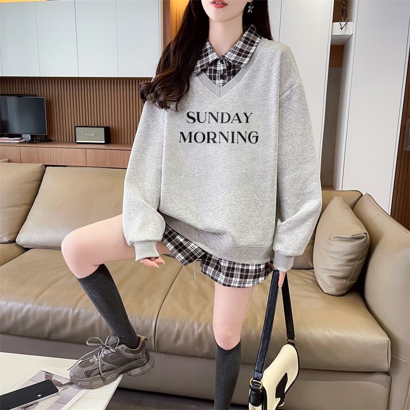 Real shot of 2025 spring and autumn back collar twill, thin top POLO collar plaid sweatshirt for women