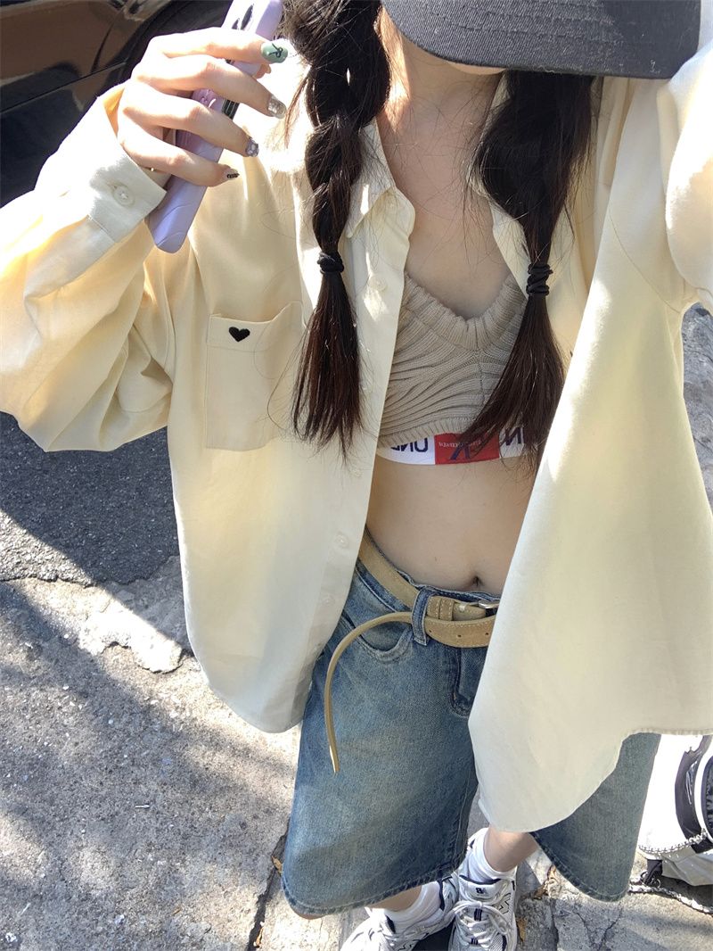 韓系愛心小眾設計感純色襯衫女2025秋季新款休閒簡約百搭寬鬆上衣