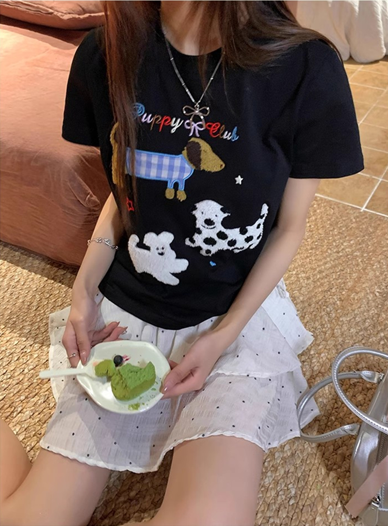 官圖  21支200g高精密 可愛小狗毛巾繡短袖減齡T恤女