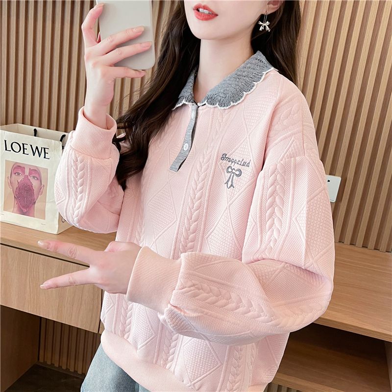 Real shot Korean loose spring and autumn style embroidered splicing jacquard polo collar sweatshirt for women