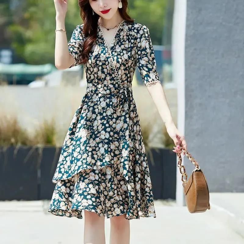 Floral chiffon dress for women in summer 2025 new women's clothing small floral style French short-sleeved small skirt