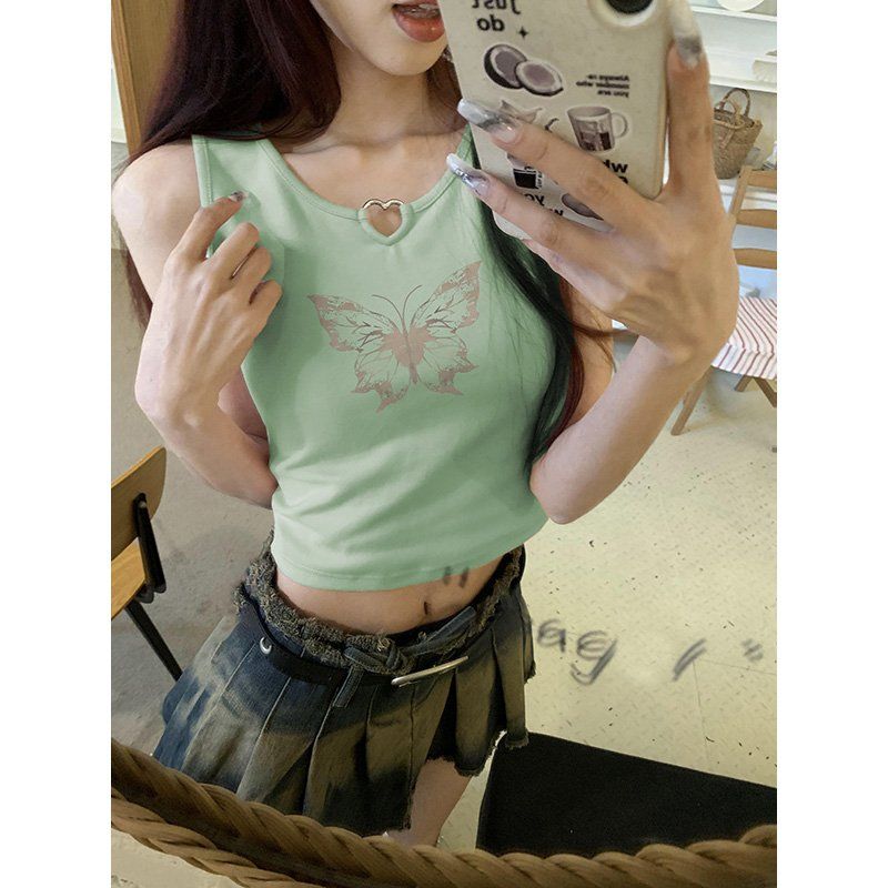 純棉！美式蝴蝶印花無袖背心內搭女2025夏薄荷綠曼波風吊帶上衣女