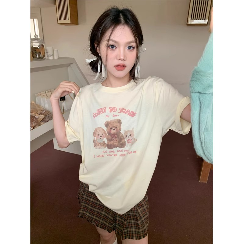 小熊印花圓領短袖T恤女春夏季新款港味寬鬆顯瘦休閒百搭上衣