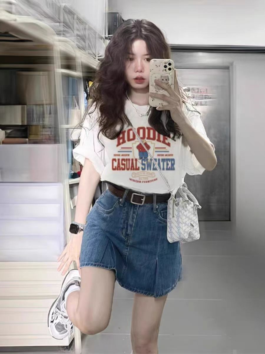 200g combed and tight spun in 2025, pure cotton back bag strip, spring and summer loose shoulder printed short-sleeved T-shirt