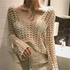 Summer new style Hong Kong style retro small sexy hollow off-shoulder V-neck sunscreen shirt women loose blouse knit top