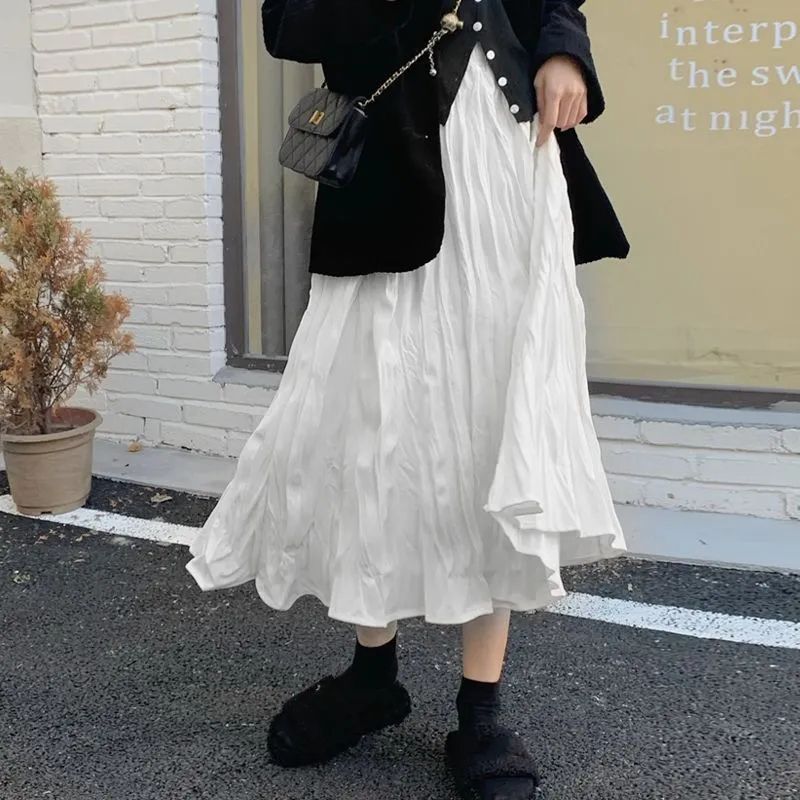 Women's 2025 Spring and Autumn New Medium-Length Pleated Skirt with Irregular Hem, White High-Waist Slimming Skirt
