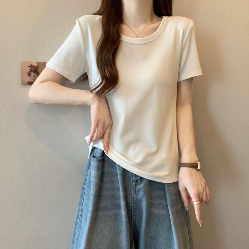 實拍圓領t恤女短袖新款修身顯瘦內搭純棉正肩打底半袖上衣體恤