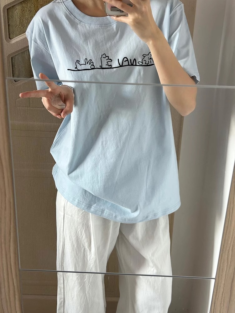 200g combed and tight-fitting sprinkler, pure cotton backpack, spring and summer loose shoulder printed short-sleeved T-shirt