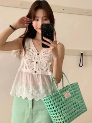 French V-neck hollow design feel loose hand knitted butterfly spring single-breasted chic splicing chic