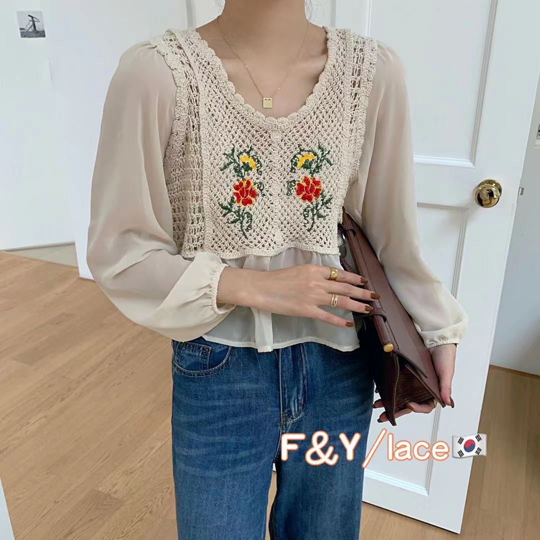 New style college style embroidery knitted chiffon puff sleeves loose foliage top for women