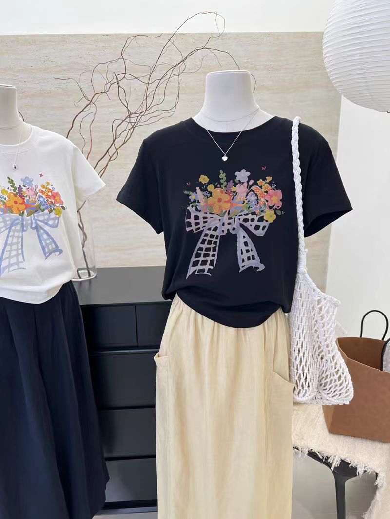 200g combed and tight spun in 2025, pure cotton back bag strip, spring and summer loose shoulder printed short-sleeved T-shirt