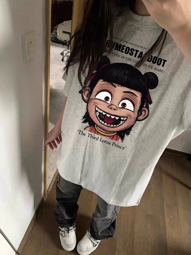 200g combed and tight-fitting sprinkler, pure cotton backpack, spring and summer loose shoulder printed short-sleeved T-shirt