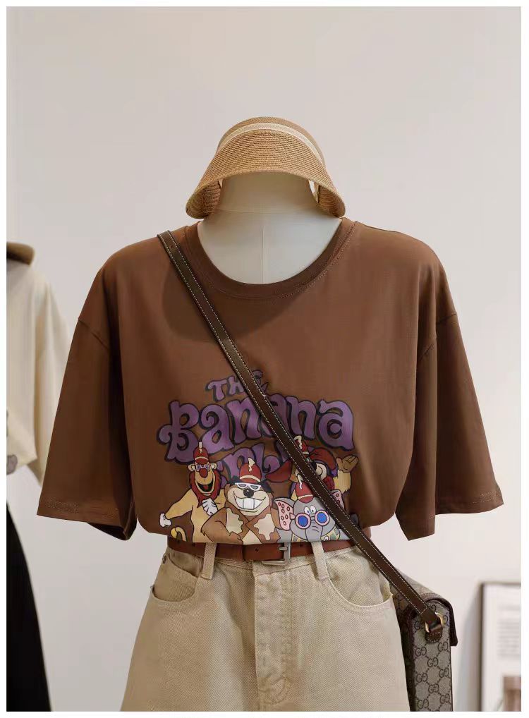 200g combed and tight spun in 2025, pure cotton back bag strip, spring and summer loose shoulder printed short-sleeved T-shirt