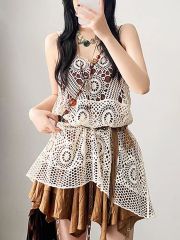 Korean design hollow knitted mesh dress layered atmosphere vest skirt loose blouse beach vacation