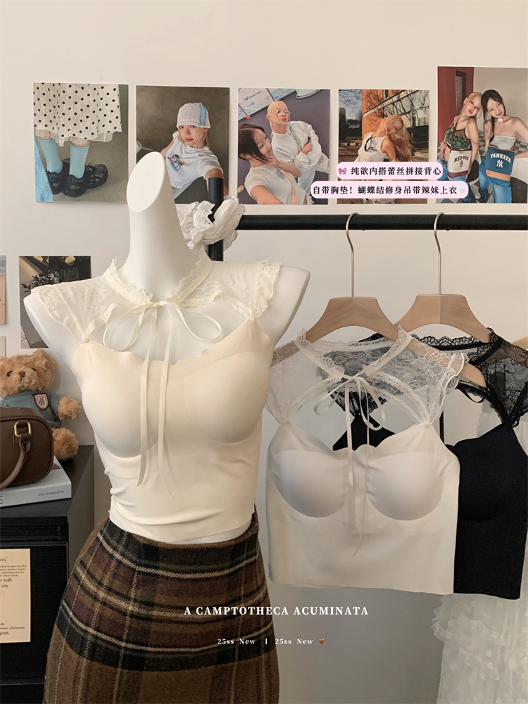 Real-life 25-year new pure lace spliced ​​vest for women with breast pad slim strap top
