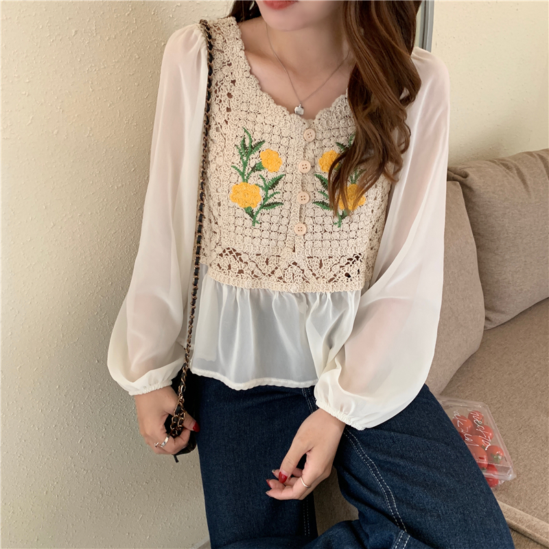 New Korean style hollow long-sleeved chiffon shirt fashionable embroidered top for women