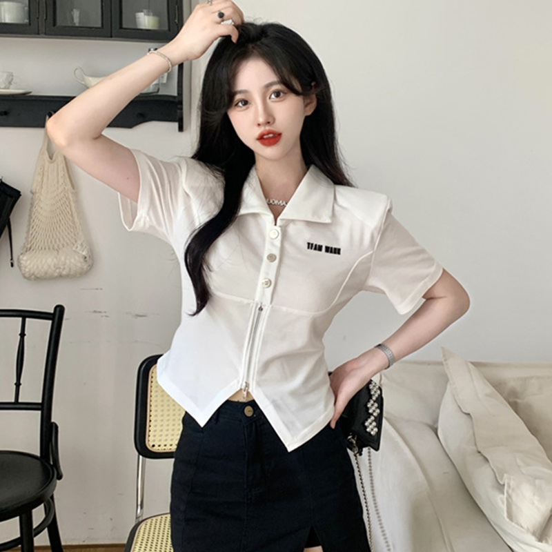 Zippered hot girl polo neck short-sleeved T-shirt for women with niche design in summer irregular slim short style