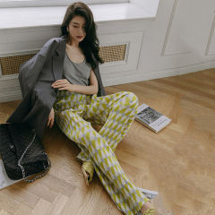Pleated pants, wide-leg pants, women's summer new high-waist drooping casual plaid straight-leg floor pants