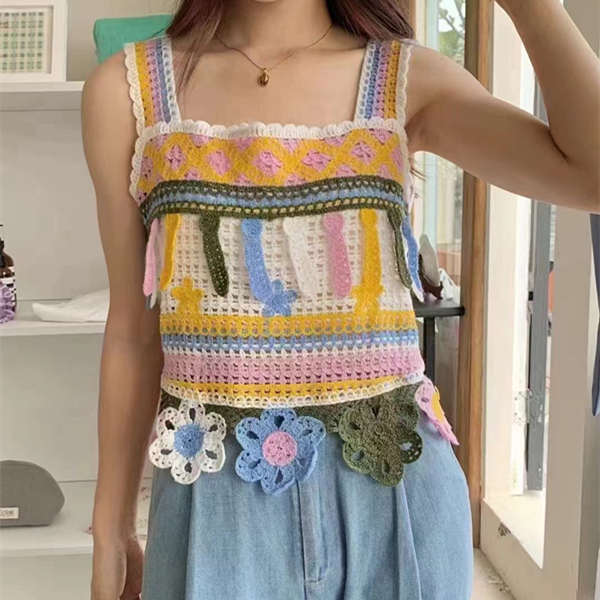 Ethnic style hook-embroidered knitted suspender vest women's new loose design summer short top